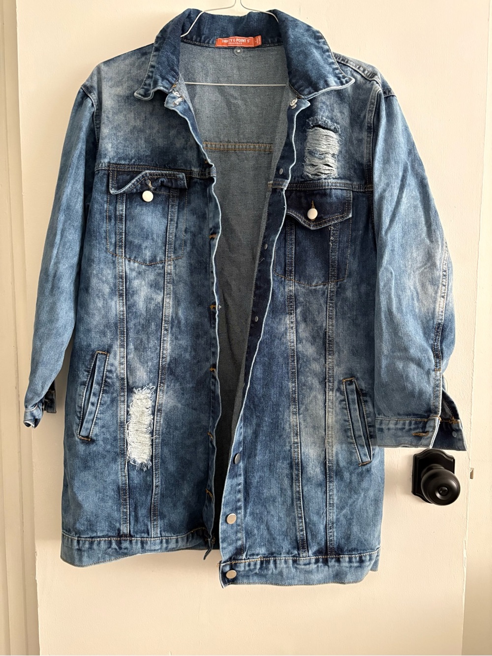 Distressed Long Denim Jacket - Blue